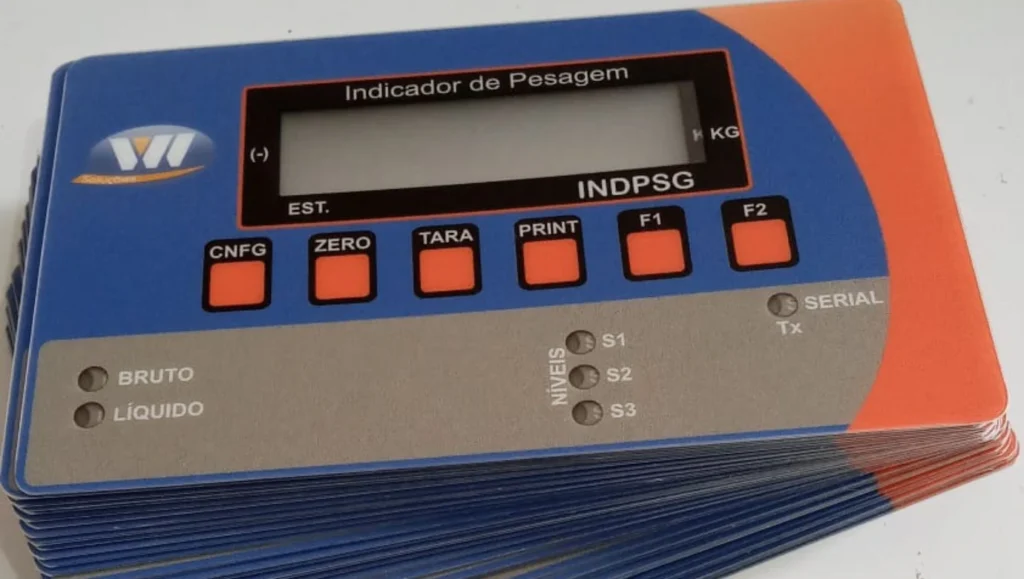 etiqueta acetato fosco com visor e leds de niveis, serial e indicação liquido